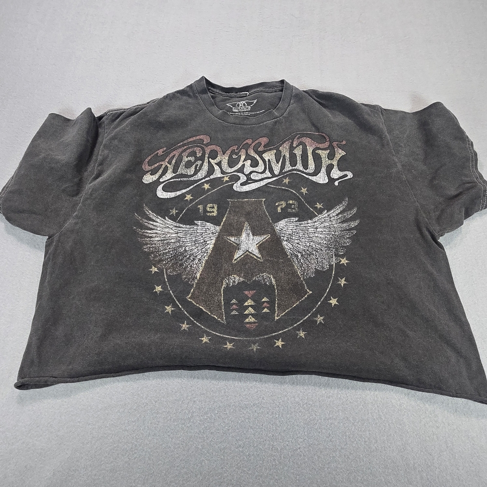 Aerosmith Graphic T-Shirt Womens XL Faded Black Cropped Raw Hem Boxy Rock‎ Tee
